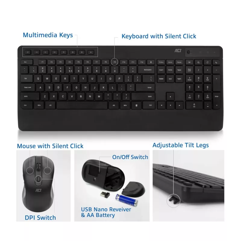 ACT Wireless keyboard and mouse bundle (Qwerty), silent click, eco-friendly, made from recycled materials