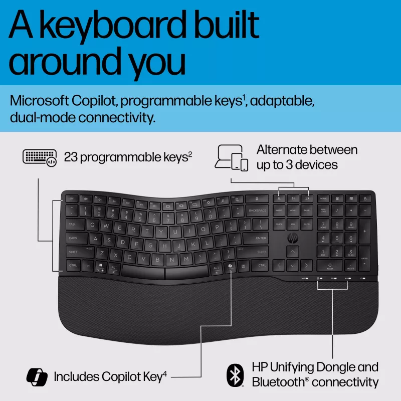HP 680 Comfort Dual-Mode Keyboard, Full-size (100%), Wireless, RF Wireless + Bluetooth, QWERTY, Black