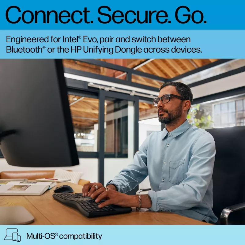 HP 680 Comfort Dual-Mode Keyboard, Full-size (100%), Wireless, RF Wireless + Bluetooth, QWERTY, Black