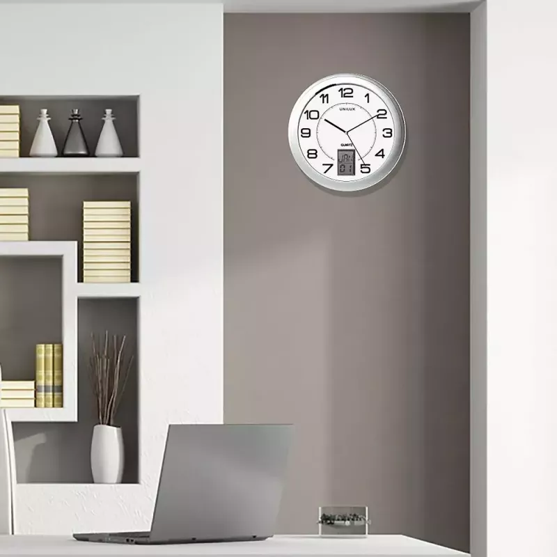 Wall/table clock Unilux 100340853 — Quartz, round metallic silver, Ø 31 cm, battery AA/AAA