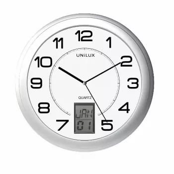 Wall/table clock Unilux 100340853 — Quartz, round metallic silver, Ø 31 cm, battery AA/AAA