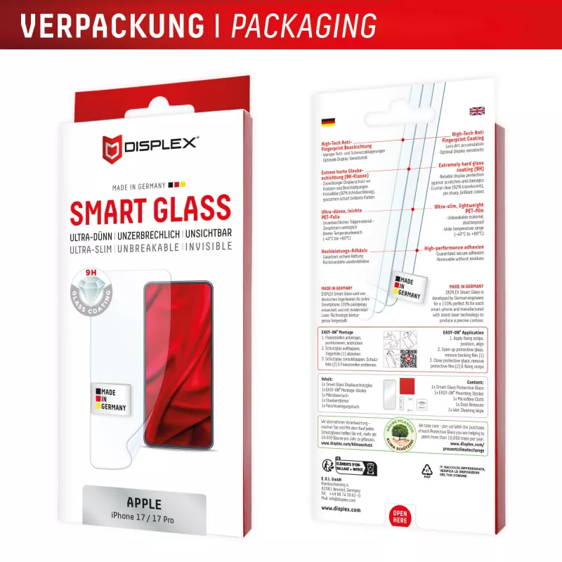Displex Smart Glass (9H) for Apple iPhone 17/17 Pro, Mounting Sticker, unbreakable