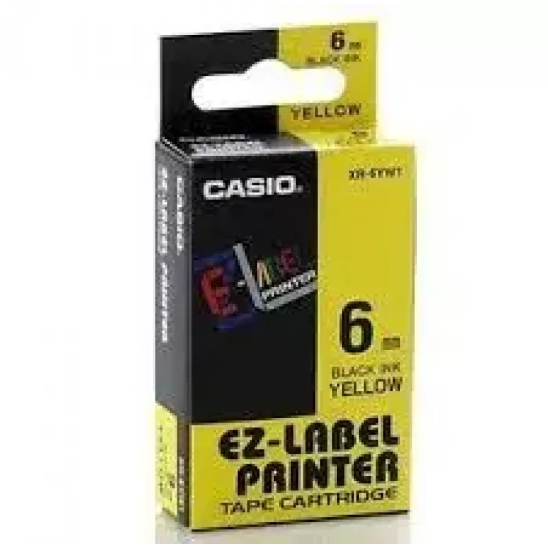 Label tape CASIO XR-6YW1 — 6 mm x 8 m, black text on yellow, black cartridge