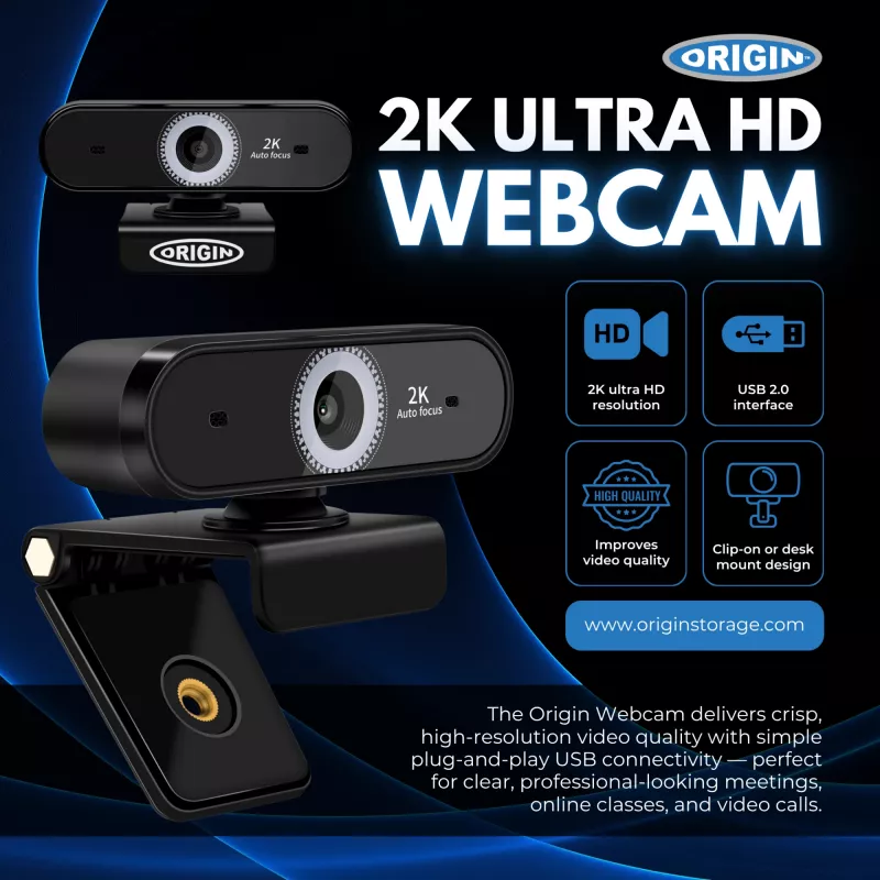 Origin Storage USB Webcam 2K Full HD, 5 MP, 2592 x 1944 pixels, 2K Ultra HD, 60 fps, 10x, USB 2.0