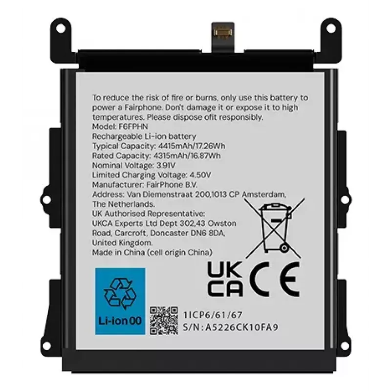 Battery Fairphone F6BATT-1ZW-WW1 Black 68.2mm x 6.35mm