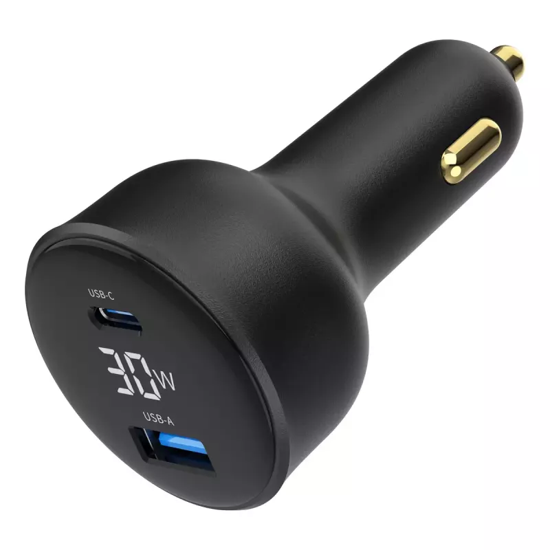 Car charger Gembird TA-UC-AC2PD30LCD-CAR-01, USB-C, 30 W, 12–24 V, black
