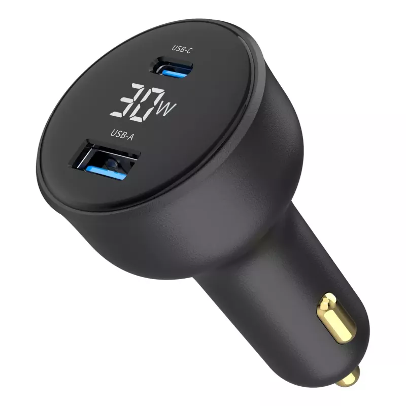 Car charger Gembird TA-UC-AC2PD30LCD-CAR-01, USB-C, 30 W, 12–24 V, black
