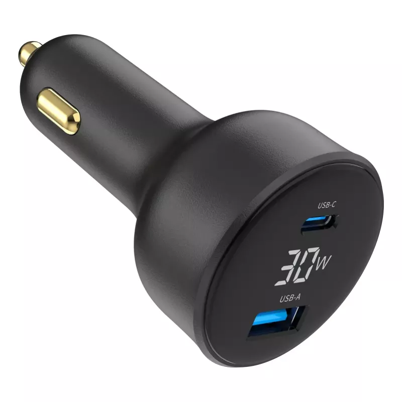 Car charger Gembird TA-UC-AC2PD30LCD-CAR-01, USB-C, 30 W, 12–24 V, black