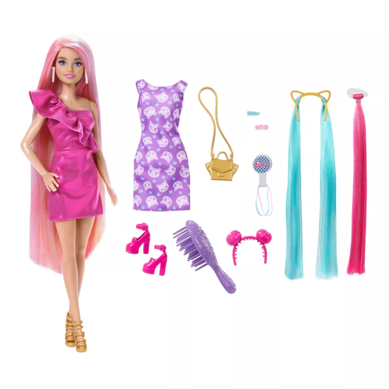 Barbie Fun & Fancy Hair Doll with Extra-Long Colorful Blonde Hair and Styling Accessories