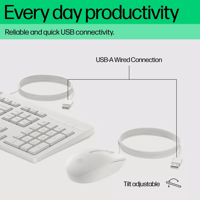 HP 225 Wired Mouse and Keyboard Combo, Full-size (100%), Wired, USB, White, Mouse included