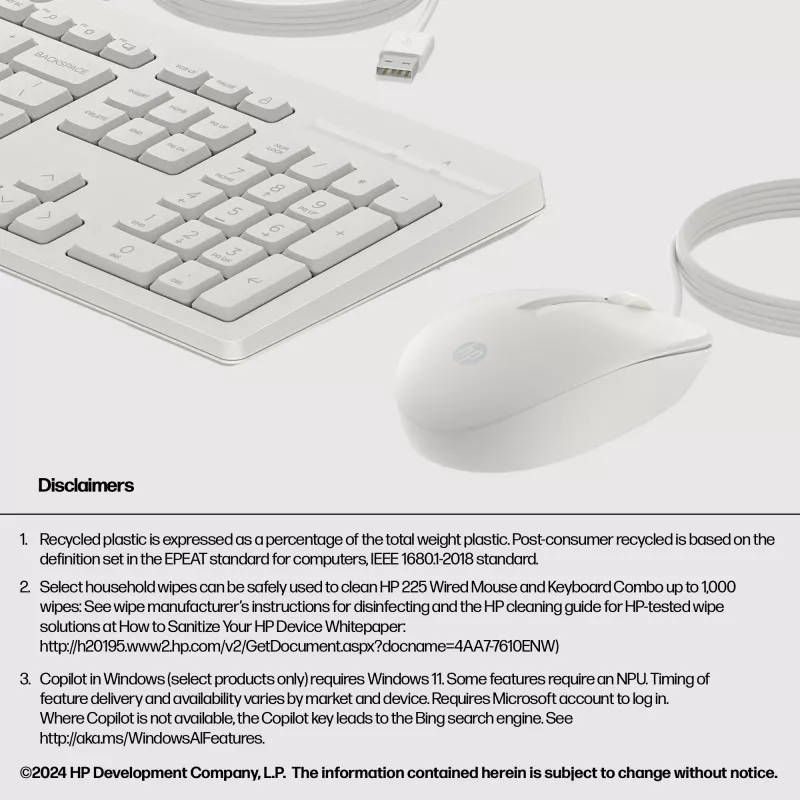 HP 225 Wired Mouse and Keyboard Combo, Full-size (100%), Wired, USB, White, Mouse included