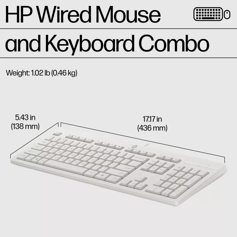 HP 225 Wired Mouse and Keyboard Combo, Full-size (100%), Wired, USB, White, Mouse included