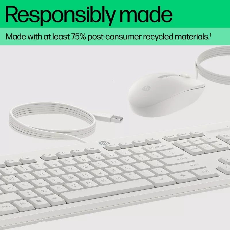 HP 225 Wired Mouse and Keyboard Combo, Full-size (100%), Wired, USB, White, Mouse included