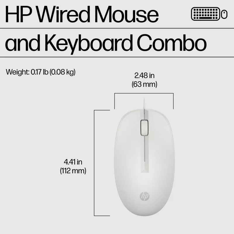 HP 225 Wired Mouse and Keyboard Combo, Full-size (100%), Wired, USB, White, Mouse included