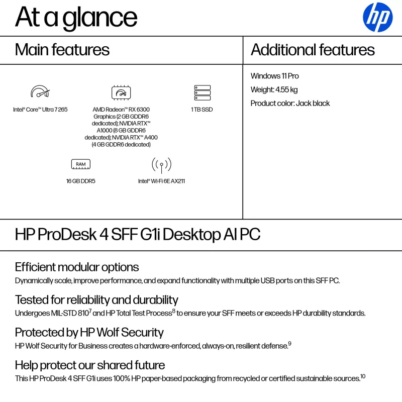 PC HP ProDesk 4 SFF G1i AI — Intel Core Ultra 7 265 (5.3 GHz, 20 cores), 16 GB DDR5, 1 TB NVMe SSD, Windows 11 Pro, Wi‑Fi 6E