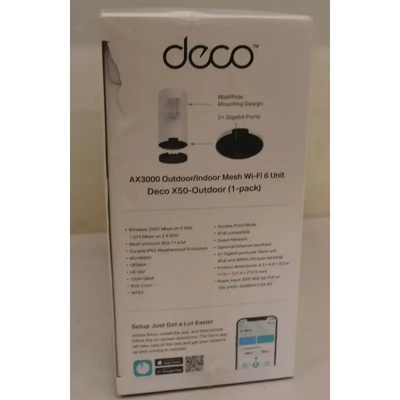 Outdoor Mesh Wi‑Fi Unit TP‑LINK Deco X50‑Outdoor AX3000 • 802.11ax • 2x Gigabit Ethernet • MU‑MIMO • Mesh support • No mobile broadband