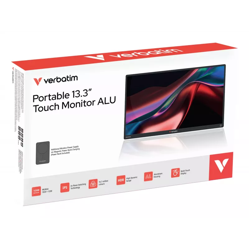 Portable monitor VERBATIM 13.3 inch WUXGA (1920x1200) IPS touchscreen, battery, USB-A/USB-C, 3.5mm, aluminium, 0.925 kg