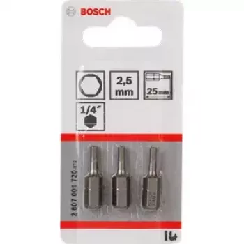 Screwdriver bit set Bosch 3 pcs — security hex 2.5 mm, length 25 mm, 1/4 inch shank