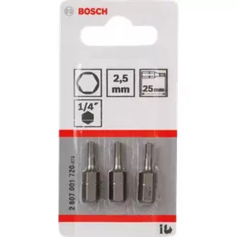 Screwdriver bit set Bosch 3 pcs — security hex 2.5 mm, length 25 mm, 1/4 inch shank
