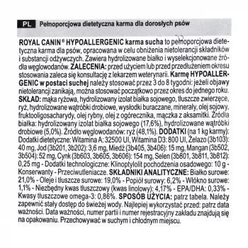 Dry dog food Royal Canin Hypoallergenic Adult — 14 kg, Liver & Rice formula, 21% protein, 19% fat, gluten-free