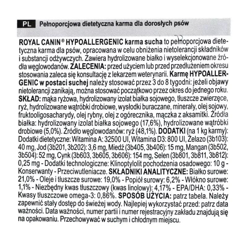 Dry dog food Royal Canin Hypoallergenic Adult — 14 kg, Liver & Rice formula, 21% protein, 19% fat, gluten-free