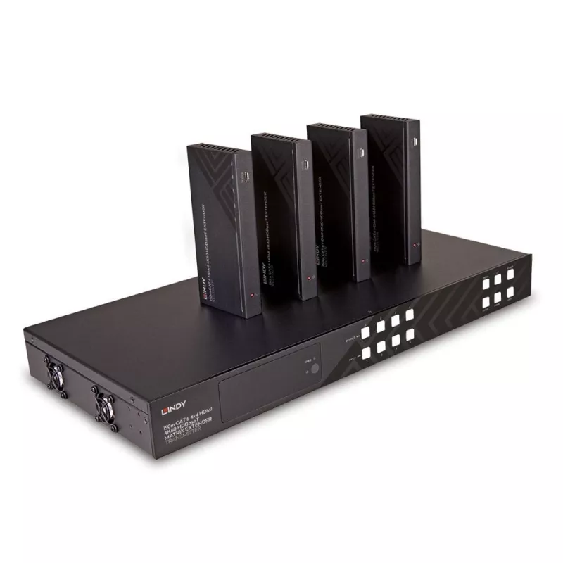 Lindy 150m Cat.6 4x4 HDMI 4K60 HDBaseT Matrix Extender, 3840 x 2160 pixels, AV transmitter & receiver, 150 m, Wired, Black, HDCP