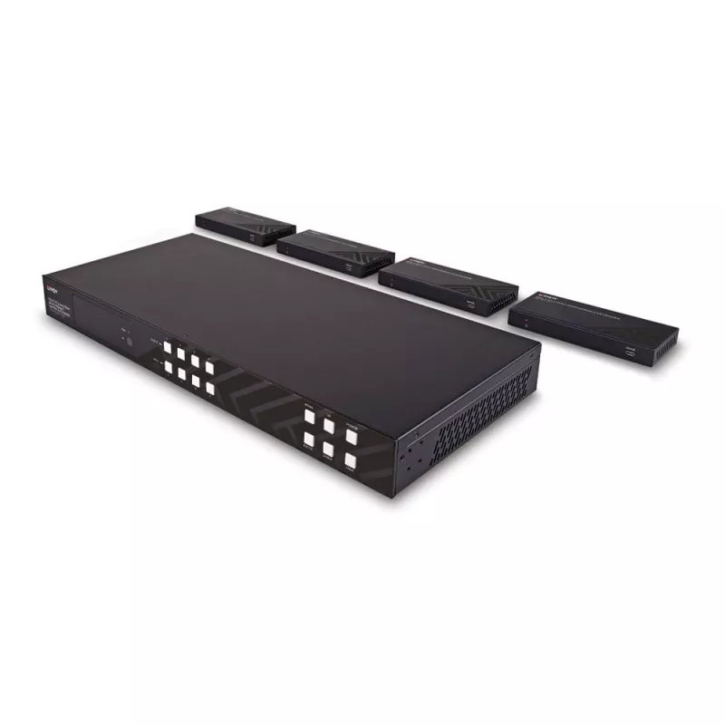 Lindy 150m Cat.6 4x4 HDMI 4K60 HDBaseT Matrix Extender, 3840 x 2160 pixels, AV transmitter & receiver, 150 m, Wired, Black, HDCP