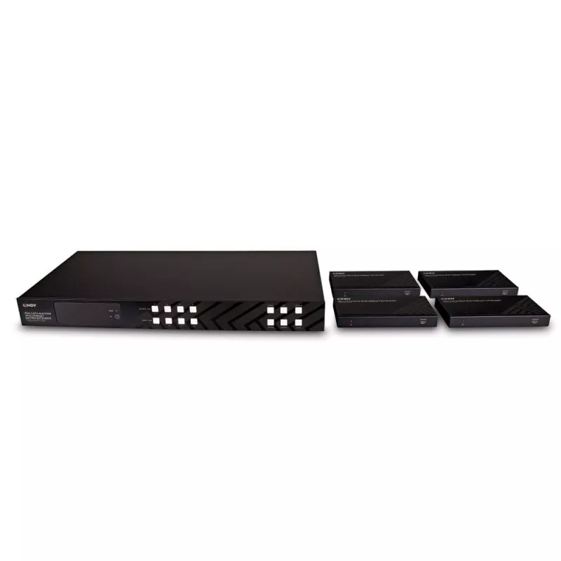Lindy 150m Cat.6 4x4 HDMI 4K60 HDBaseT Matrix Extender, 3840 x 2160 pixels, AV transmitter & receiver, 150 m, Wired, Black, HDCP