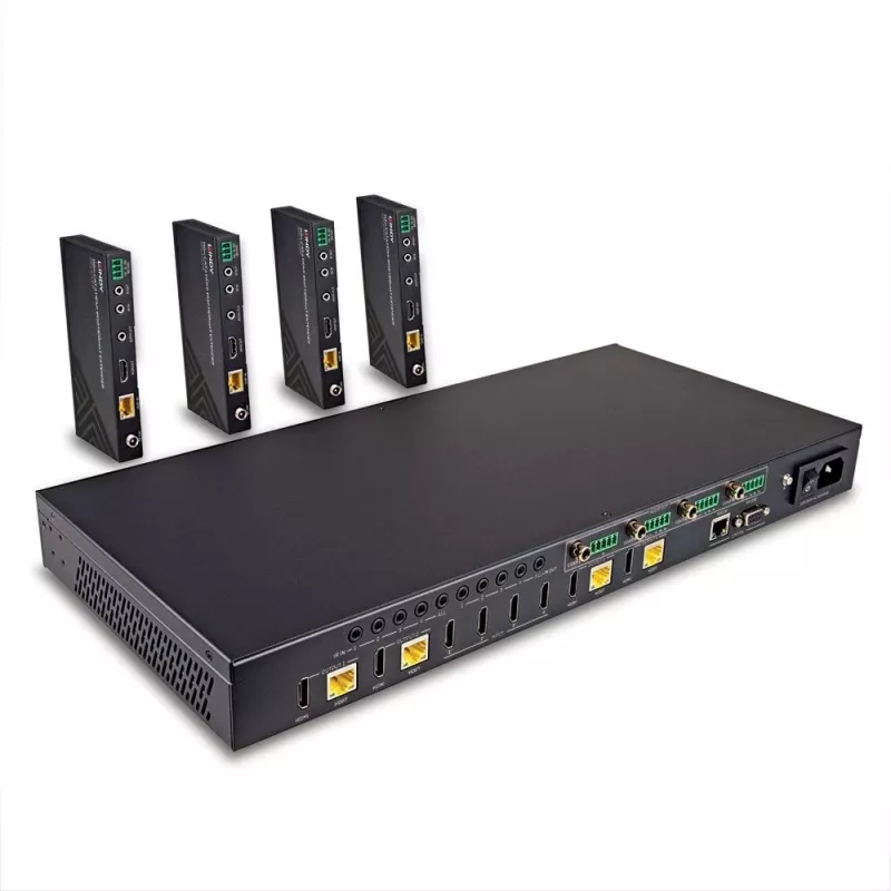 Lindy 150m Cat.6 4x4 HDMI 4K60 HDBaseT Matrix Extender, 3840 x 2160 pixels, AV transmitter & receiver, 150 m, Wired, Black, HDCP