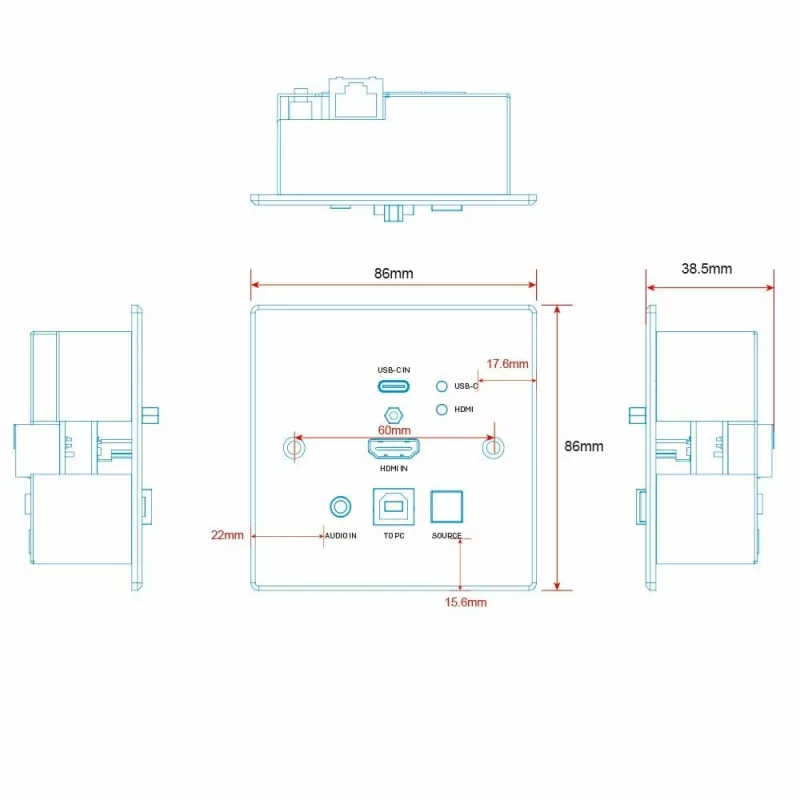 Lindy 150m Cat.6 HDMI 4K60 & Type C HDBaseT UK Wall Plate KVM Extender, Transmitter