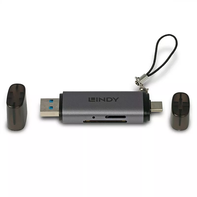 Lindy USB 3.2 Type C and A SD / Micro SD Card Reader, MiniSD, SD, Black, Grey, 5000 Mbit/s, USB 3.2 Gen 1 (3.1 Gen 1) Type-A/Type-C, 78.5 mm, 22.5 mm