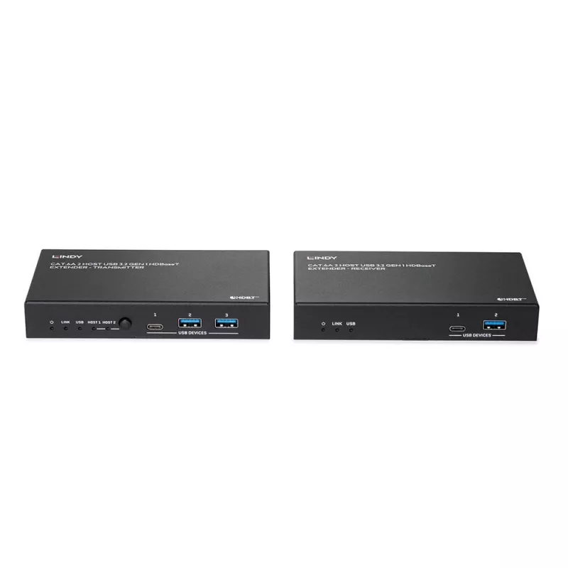 Lindy 100m Cat.6A 2 Host USB 3.2 Gen 1 HDBaseT Extender, Network transmitter & receiver, 100 m, 480 Mbit/s, Cat6a, VS6320, Phosphor bronze