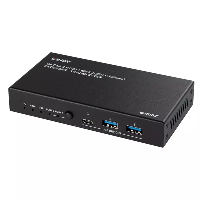 Lindy 100m Cat.6A 2 Host USB 3.2 Gen 1 HDBaseT Extender, Network transmitter & receiver, 100 m, 480 Mbit/s, Cat6a, VS6320, Phosphor bronze