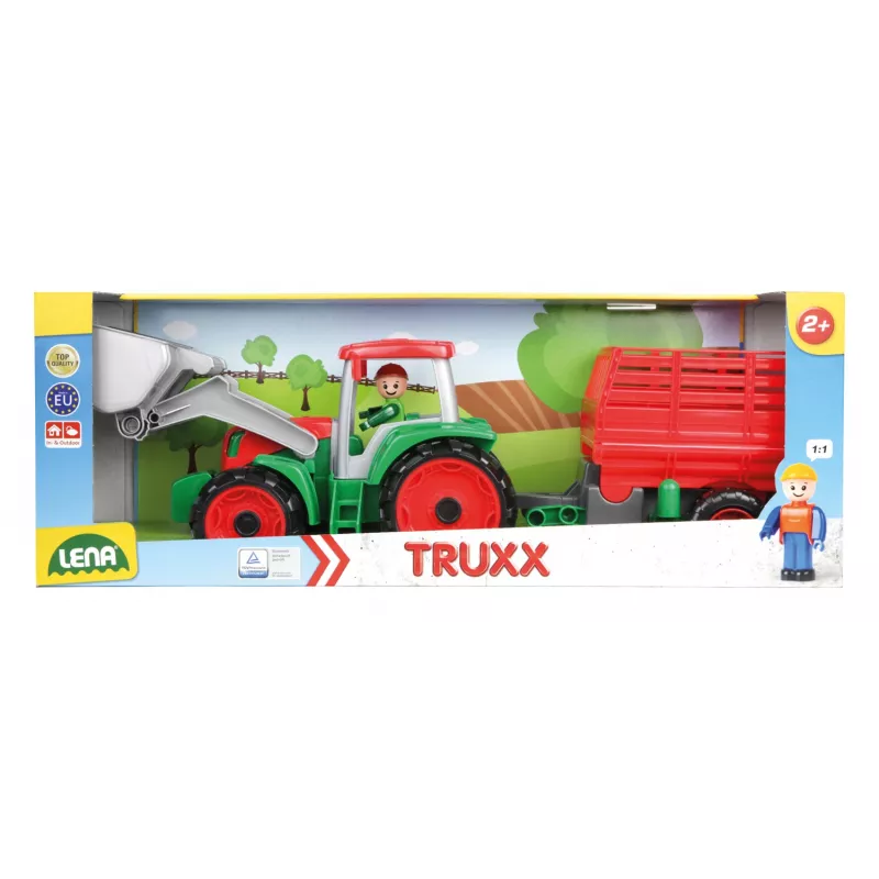 Toy tractor with hay trailer Lena Truxx 04428 open box – plastic play set