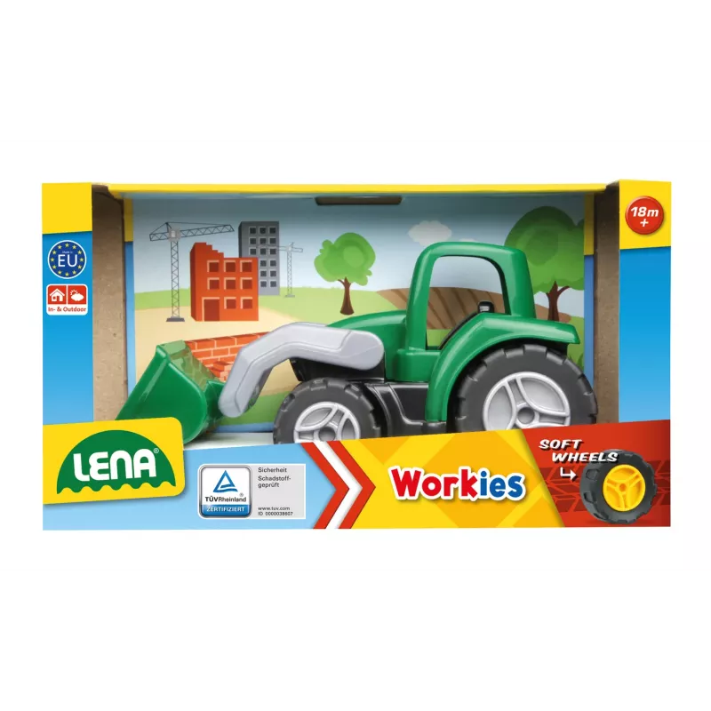 Toy tractor Lena Workies 01263 with shovel — plastic ride-on construction toy, suitable for outdoor and indoor play