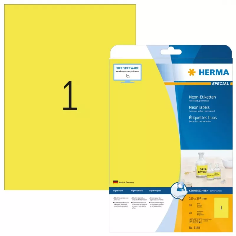 Labels HERMA Neon A4 210x297 mm luminous yellow paper matt 20 pcs
