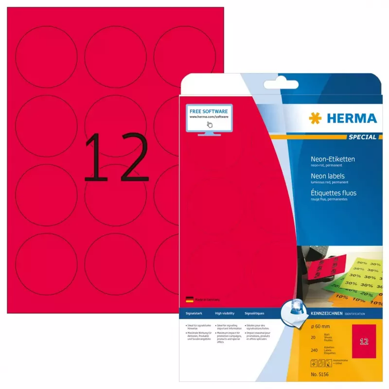 Self-adhesive printer label HERMA Neon labels A4 Ø 60 mm round luminous red