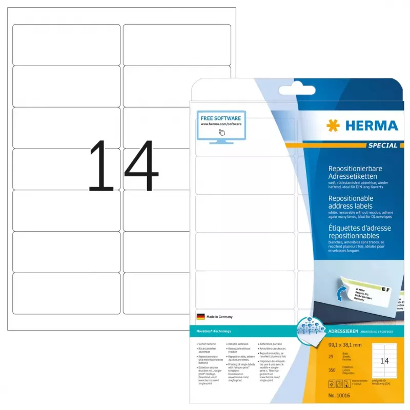 Repositionable address labels HERMA 99.1x38.1 mm white 350 pcs