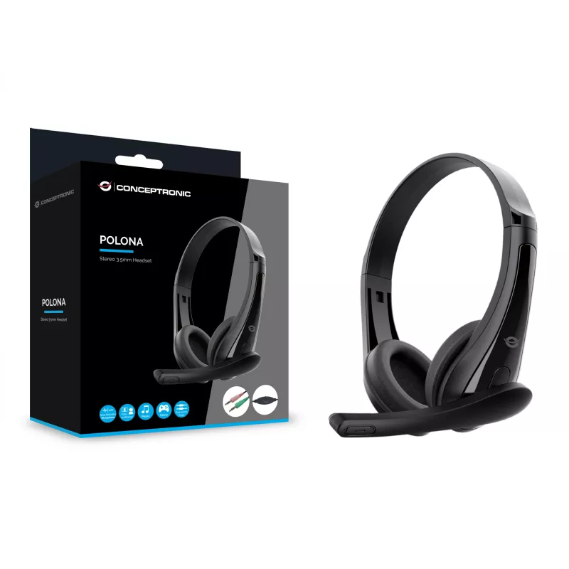 Wired headset CONCEPTRONIC POLONA06B3T, stereo 3.5mm, noise-reduction mic, supraaural, 20–20000 Hz, 1.8 m cable, black
