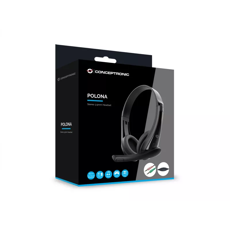 Wired headset CONCEPTRONIC POLONA06B3T, stereo 3.5mm, noise-reduction mic, supraaural, 20–20000 Hz, 1.8 m cable, black