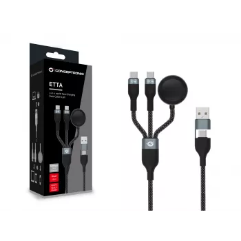 USB A to 2× USB-C 3-in-1 Fast Charging Data Cable Conceptronic ETTA08B15 — 1.5 m, USB 2.0, 5A, Apple Watch charger, 100W E‑Mark