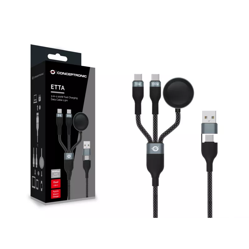 USB A to 2× USB-C 3-in-1 Fast Charging Data Cable Conceptronic ETTA08B15 — 1.5 m, USB 2.0, 5A, Apple Watch charger, 100W E‑Mark