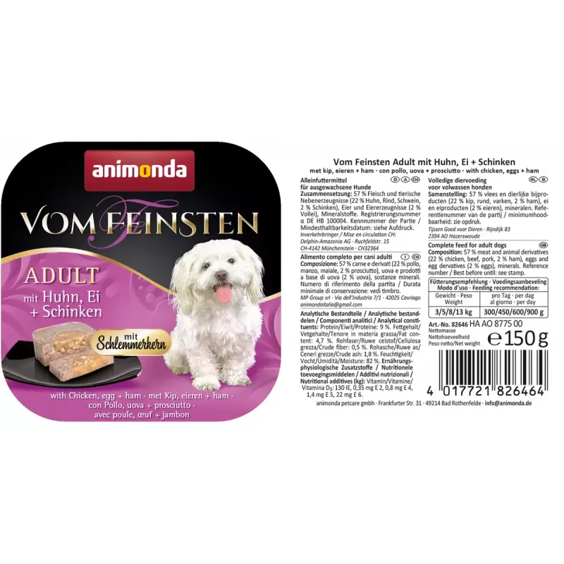 Wet dog food animonda Vom Feinsten Gourmet Core — Chicken, Egg & Ham, 150 g tray, grain‑free, for adult small breeds (5–10 kg)