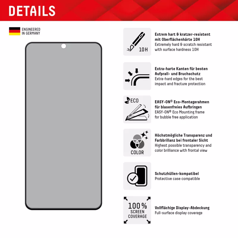 Displex Privacy Screen Protector (10H) for Samsung Galaxy S22/S23, Eco Mounting Frame, Privacy Filter