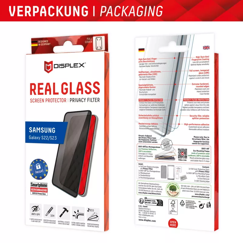 Displex Privacy Screen Protector (10H) for Samsung Galaxy S22/S23, Eco Mounting Frame, Privacy Filter