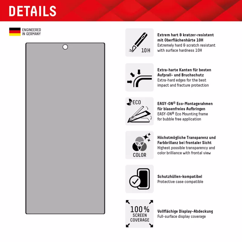 Displex Privacy Screen Protector (10H) for Samsung Galaxy S24 Ultra, Eco Mounting Frame, Privacy Filter