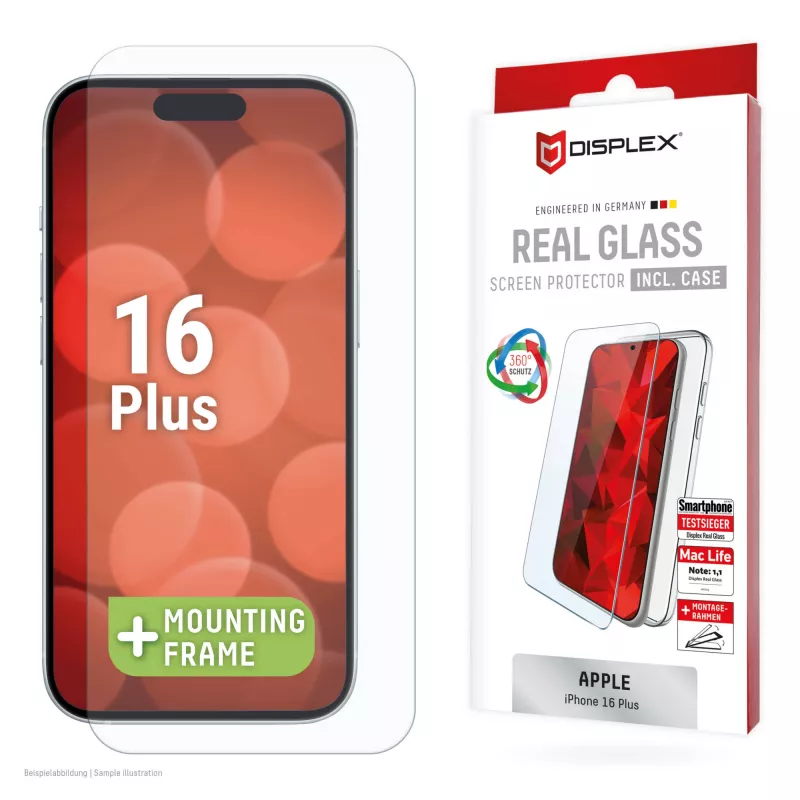Displex Screen Protector + Case for Apple iPhone 16 Plus, Eco Mounting Frame, scratch resistant