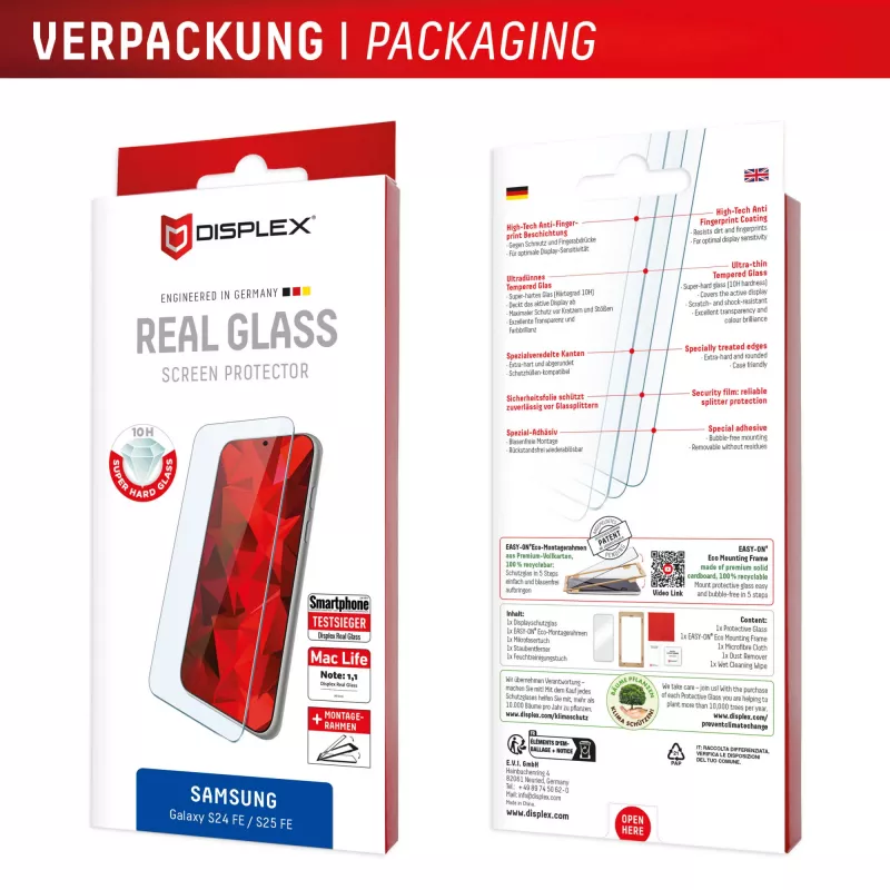 Displex Screen Protector (10H) for Samsung Galaxy S25 FE/S24 FE, Eco Mounting Frame, scratch resistant