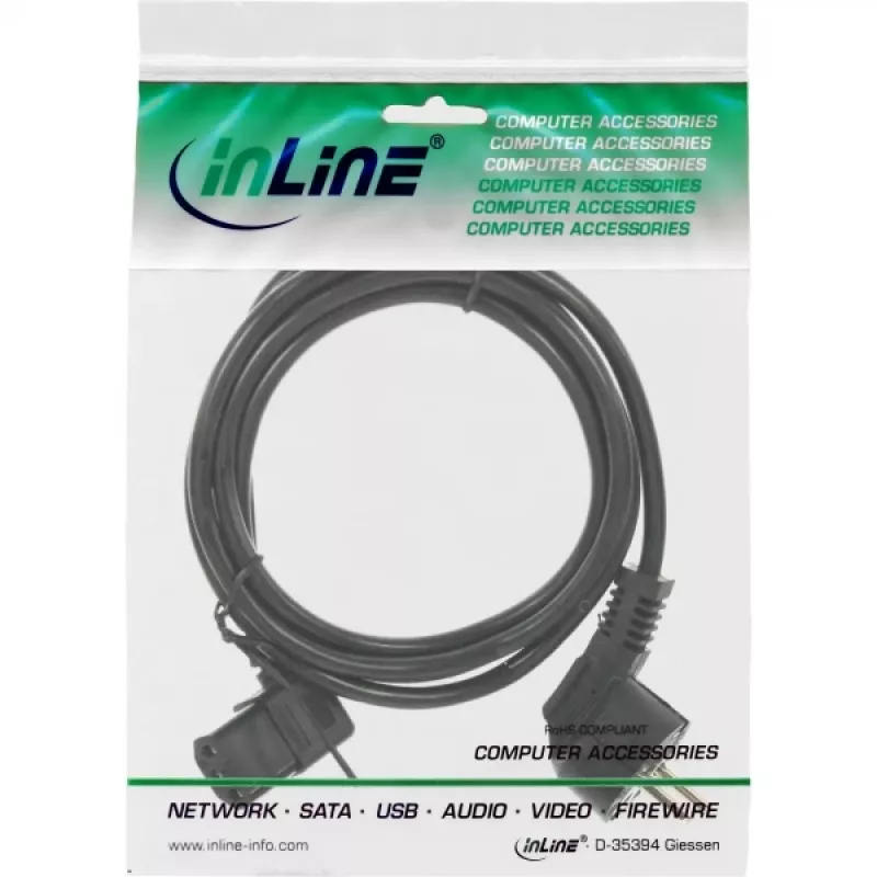 InLine Power cable, CEE 7/7 angled / 3pin IEC C13 left angled, black, 1.8m