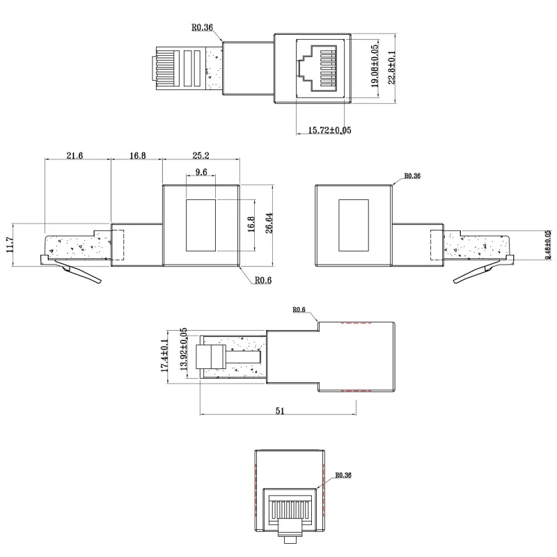 InLine patch cord adapter Cat.6A, RJ45 male / female, angled 90° downwards